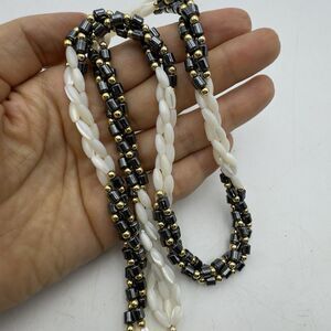 G.Silver Mother of Pearl Black Onyx Necklace Beaded Twisted Gold Tone Vintage